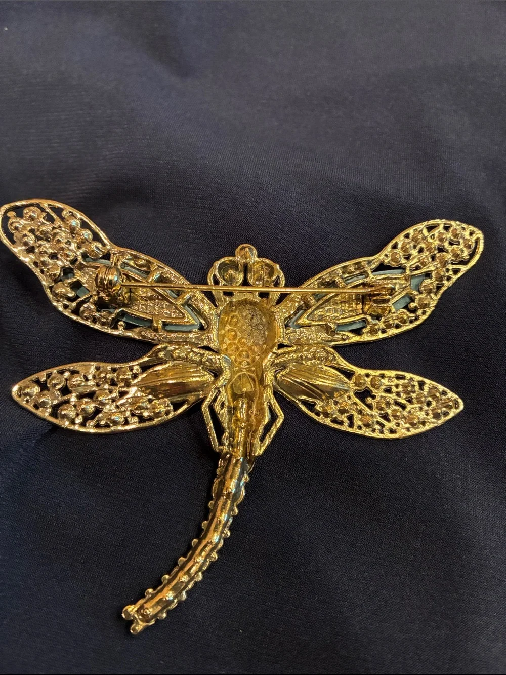 Large Blue Dragonfly Brooch - Rhinestone and Crystal and Gold Tones (ABBA) - Picture 9 of 16